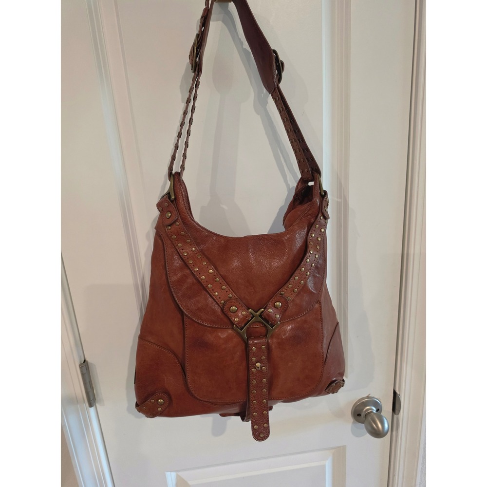 Koba Cognac Brown Leather Studded Hobo Shoulder Bag Brass Hardware Boho